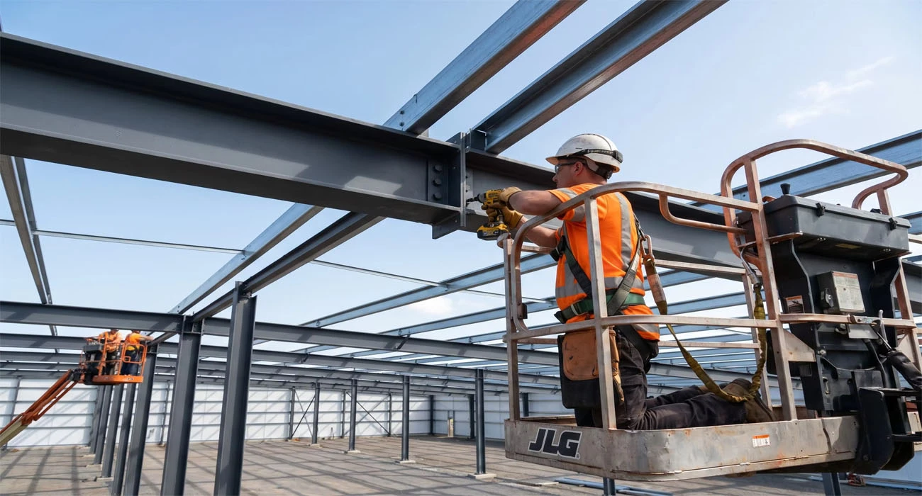 Steel structure assembly building site erection ironworker tightening high-strength bolts on roof purlin battery torque wrench zero field welding bolted steel frame construction Steel structure assembly building site erection ironworker tightening high-strength bolts on roof purlin battery torque wrench zero field welding bolted steel frame construction