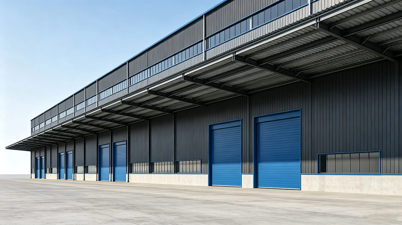 Side elevation full building length with column bays at 6-meter spacing Side elevation full building length with column bays at 6-meter spacing
