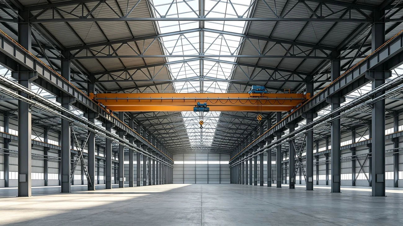 Interior view 30-meter clear span with overhead bridge crane Interior view 30-meter clear span with overhead bridge crane